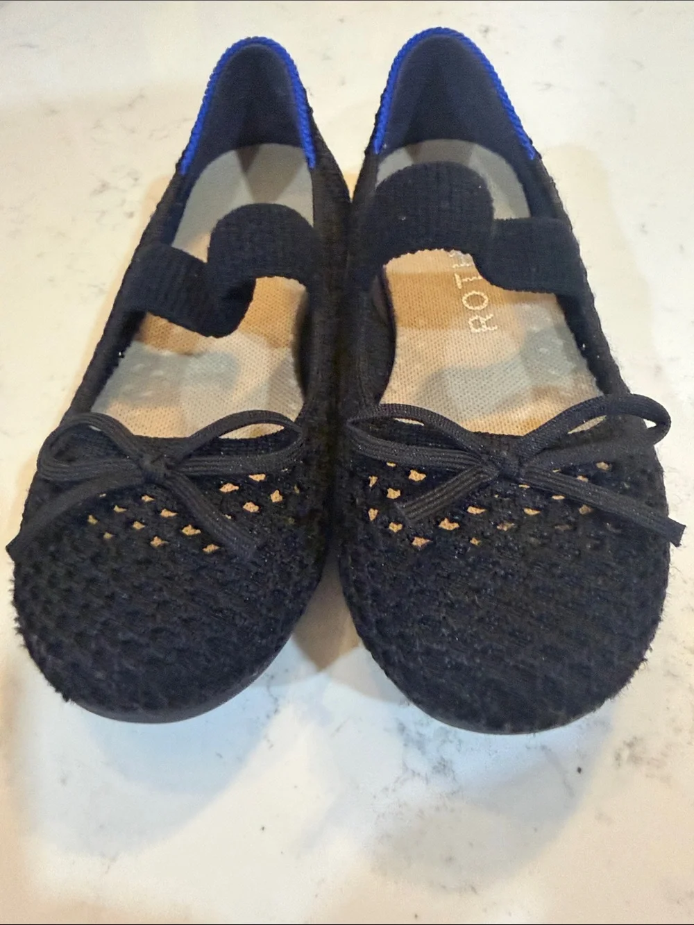 Rothy's Kids Black Knit Mary Jane Flats with Blue Trim